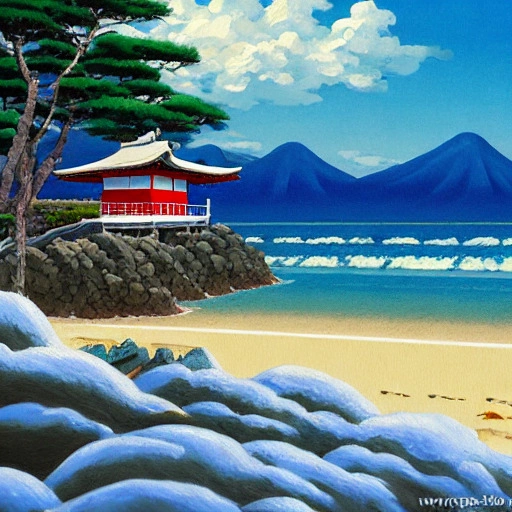 00572-9041991-high detailed, oil painting, studio ghibli, seashore, sandy beach, japanese traditional house on the beach, against the backgrou.webp